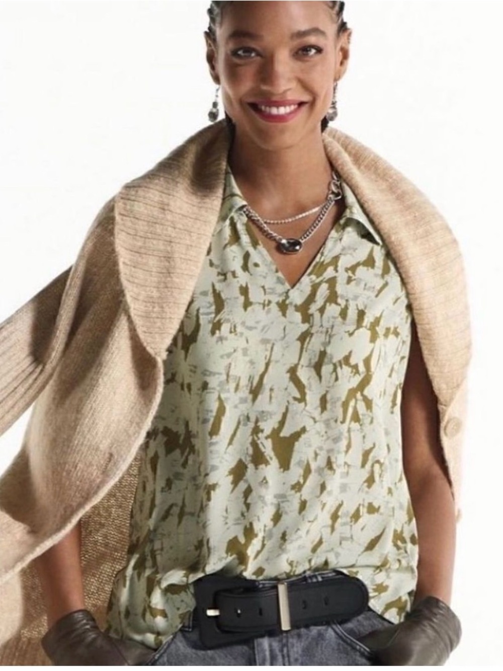 CAbi Olive Collared Sleeveless V-Neck Business “Flurry Top” Blouse Size XS